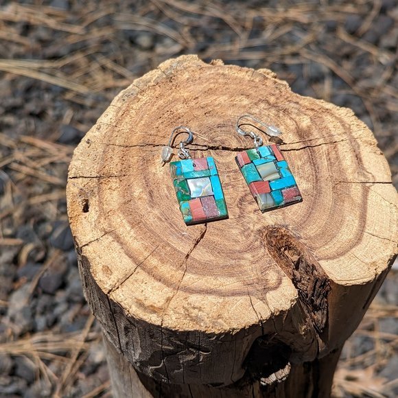 Santo Domingo Pueblo Mosaic Dangle Earrings Native American Jewelry R.Rosetta*** - Picture 3 of 9